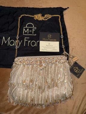 Mary Frances Ivory and Gold Beaded Fringe Crossbody Bag